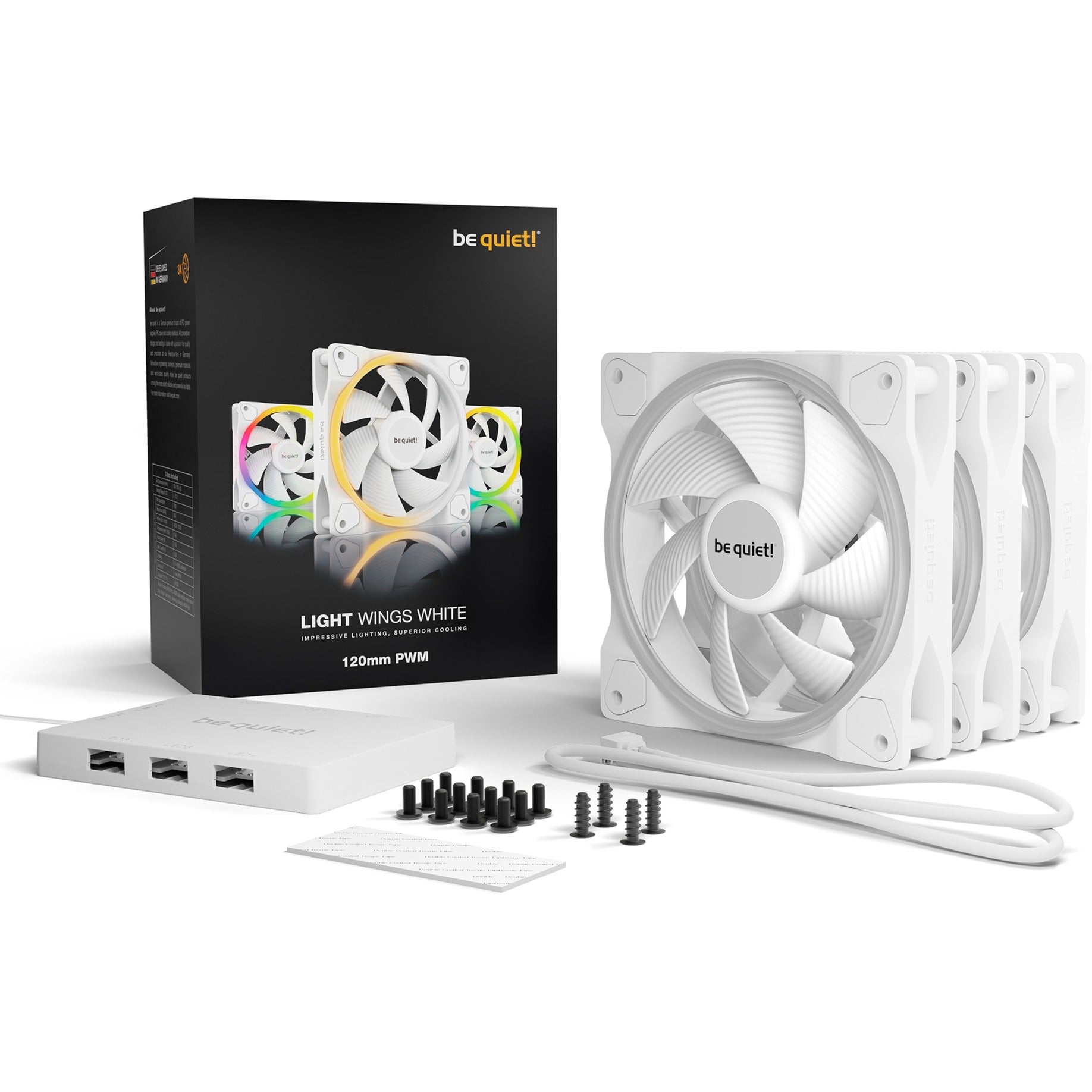 Be Quiet  Light Wings White 120mm Pwm Triple Pack  Case Fan  White  Pack Of    Incl  Argb Hub  Kabinet Blæser Geekd Dk