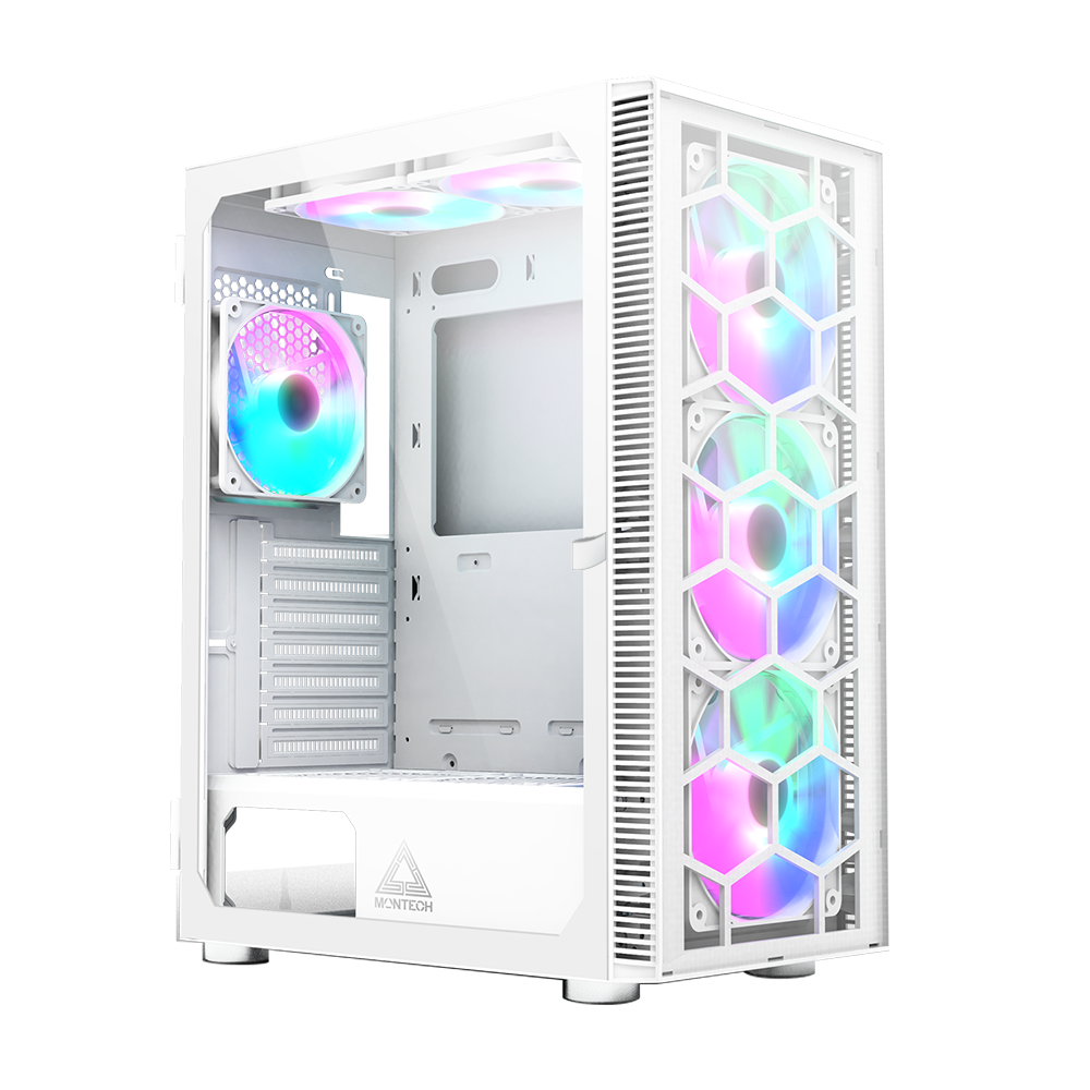 Montech X3 Glass White 3x 140mm Static Rgb Fans   3x 120mm Static Rgb Fans  Side Swivel Tempered Glass Kabinet Geekd Dk